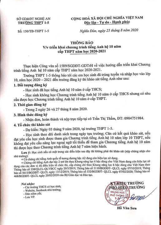 THÔNG BÁO: VỀ VIỆC TRIỂN KHAI CHƯƠNG TRÌNH TIẾNG ANH HỆ 10 NĂM CẤP THPT NĂM HỌC 2020-2021
